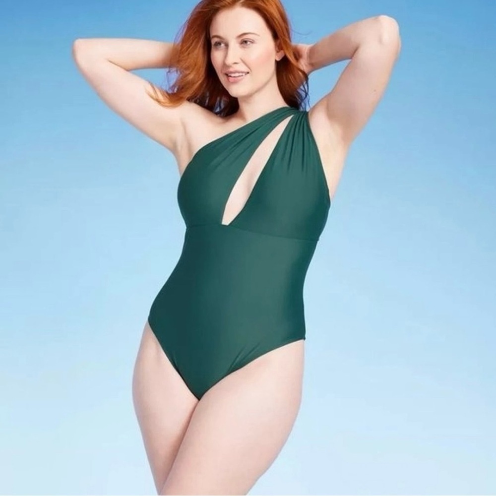 Shade & Shore Emerald Green One Shoulder Plunge Cut Out One Piece Swimsuit large